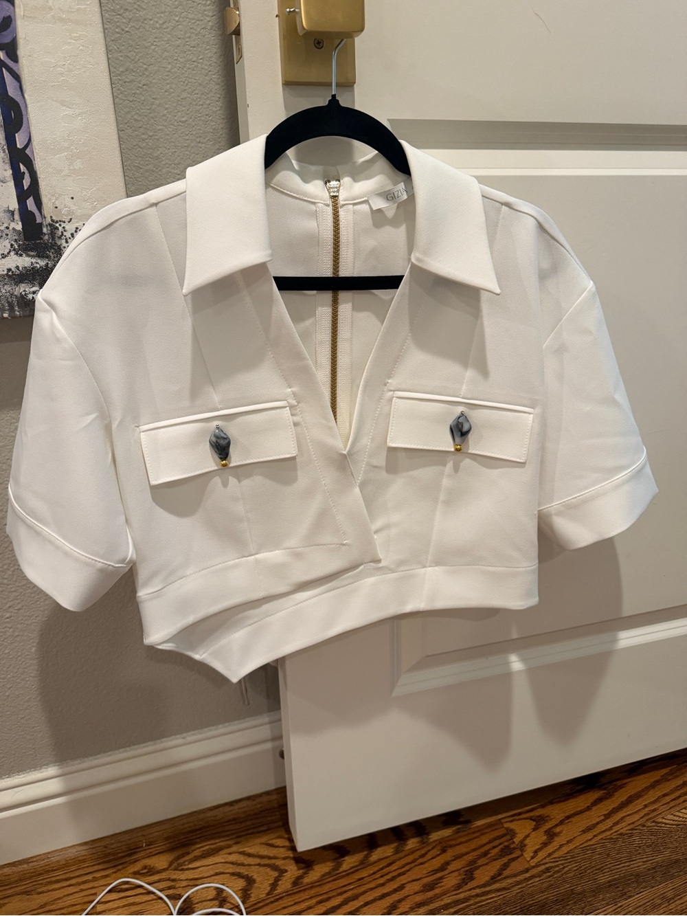 White Asymmetric Top with Blue Stone Details